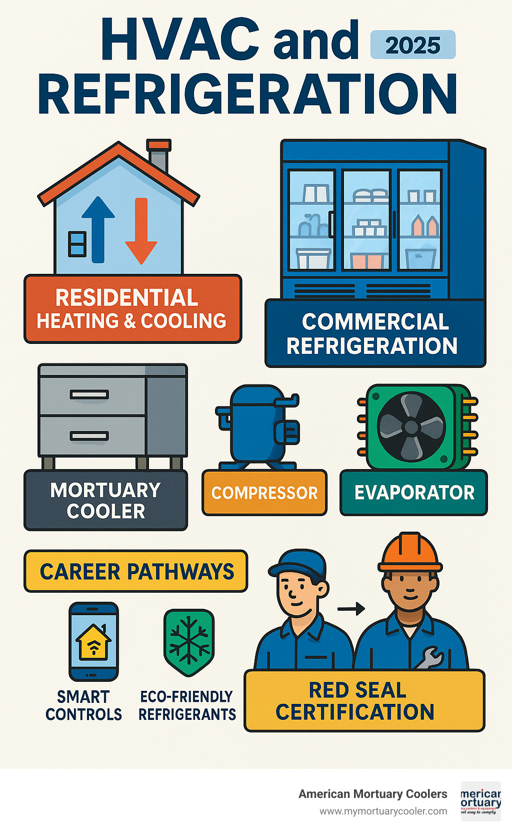 Comprehensive infographic showing the HVAC and refrigeration ecosystem including residential heating and cooling systems, commercial refrigeration units, specialized mortuary coolers, key components like compressors and evaporators, career pathways from apprenticeship to Red Seal certification, and emerging trends like smart controls and eco-friendly refrigerants - hvac and refrigeration infographic 