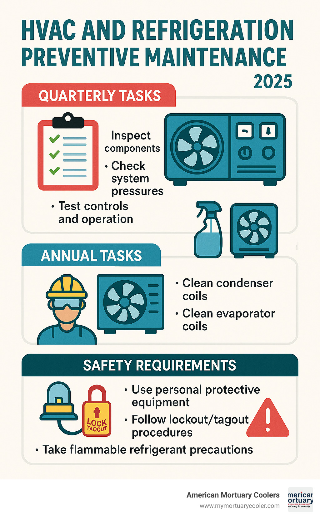 Comprehensive infographic showing quarterly vs annual preventive maintenance tasks for HVAC and refrigeration systems, including inspection checklists, cleaning procedures, and safety requirements - hvac and refrigeration infographic 