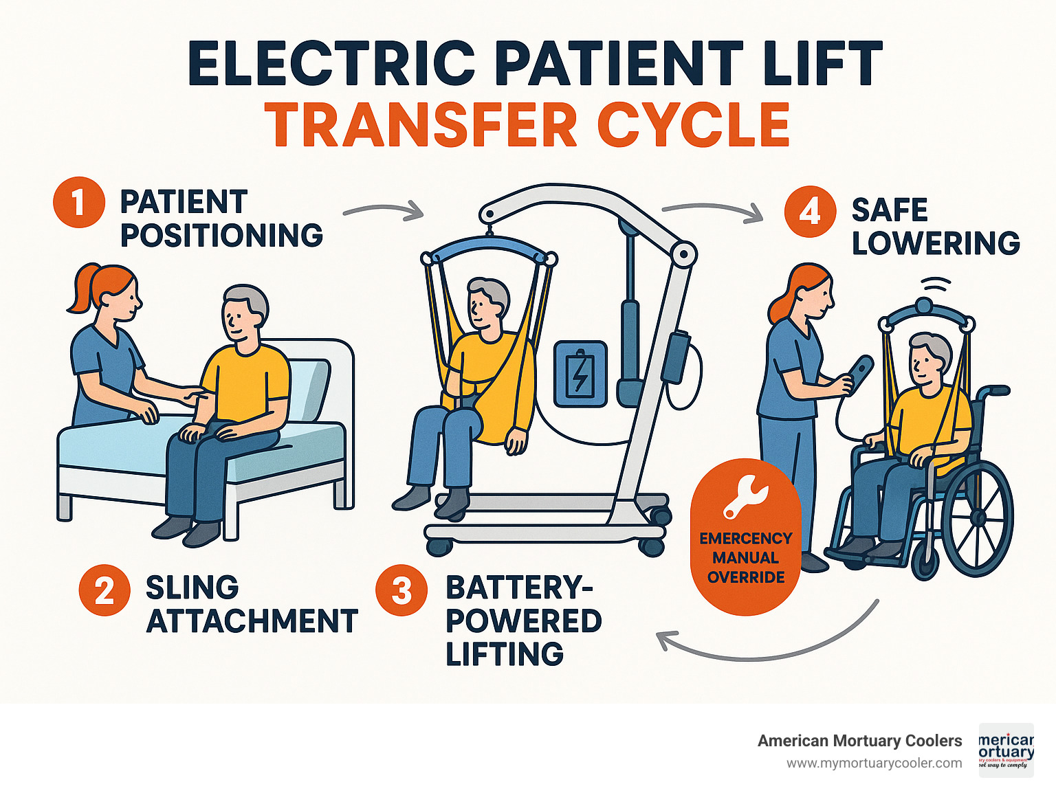 Infographic showing the electric patient lift transfer cycle: patient positioning, sling attachment, battery-powered lifting mechanism, smooth transport, and safe lowering with emergency manual override capabilities - electric patient lifts infographic 