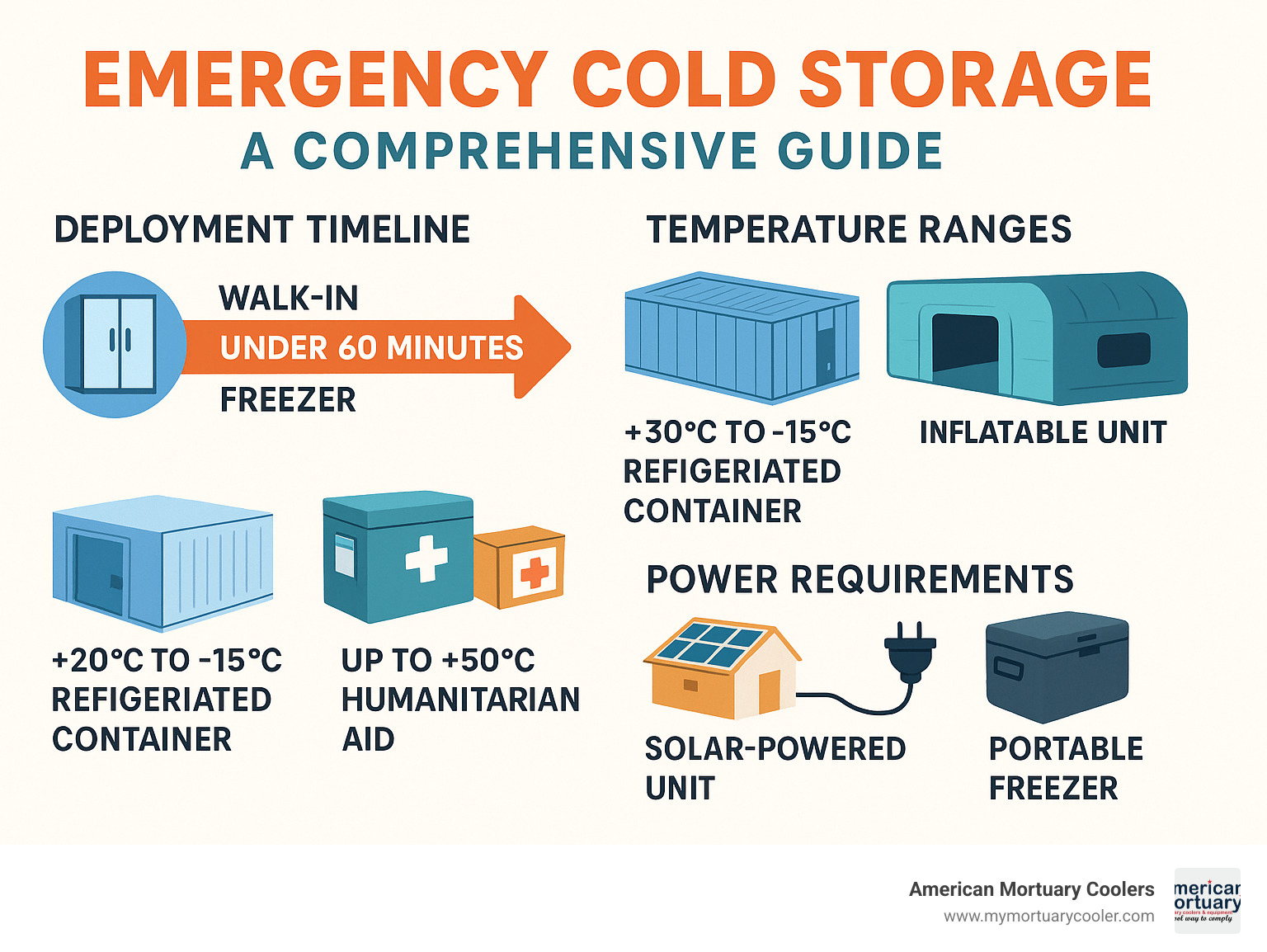 Comprehensive guide showing emergency cold storage deployment timeline, temperature ranges for different applications, and power requirements for various unit types - emergency cold storage infographic 
