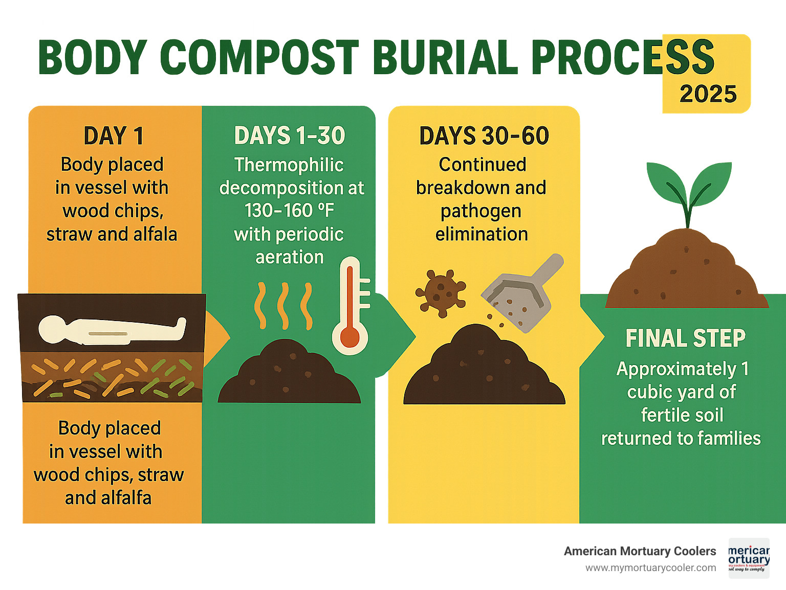 Detailed infographic showing the body compost burial process timeline: Day 1 - Body placed in vessel with wood chips, straw and alfalfa; Days 1-30 - Thermophilic decomposition at 130-160°F with periodic aeration; Days 30-60 - Continued breakdown and pathogen elimination; Days 60-90 - Soil curing and screening for non-organics; Final step - Approximately 1 cubic yard of fertile soil returned to families - body compost burial infographic 
