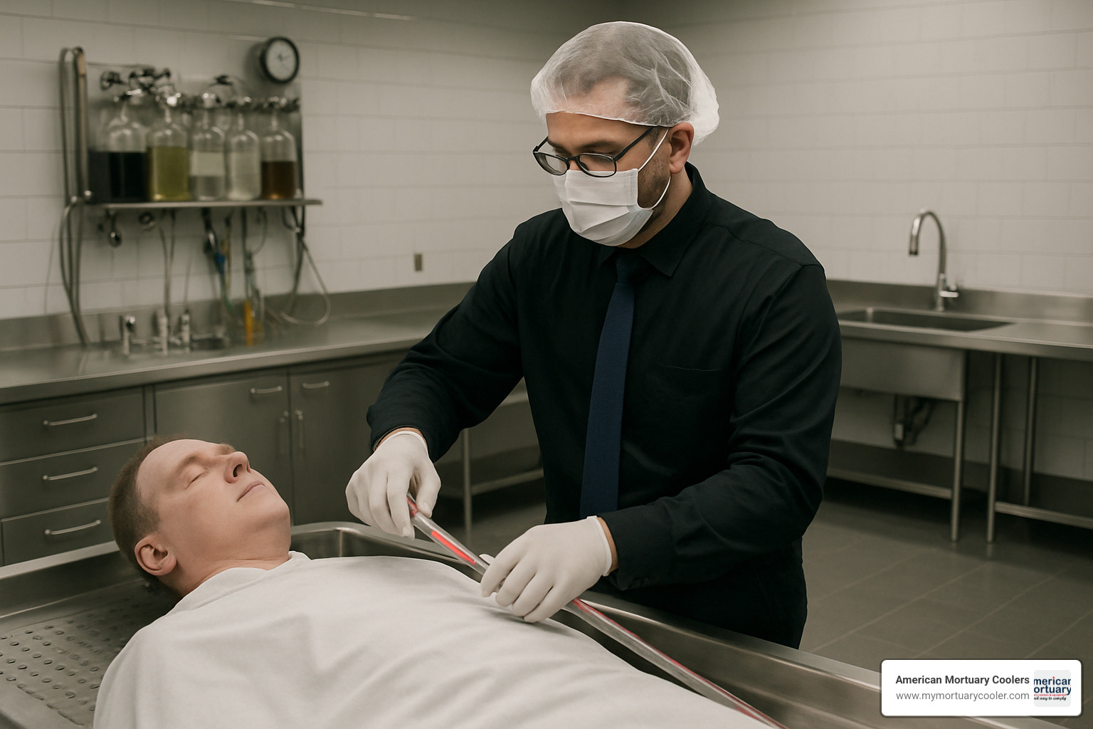 embalmer working in modern prep room with professional equipment - embalmer pay rate
