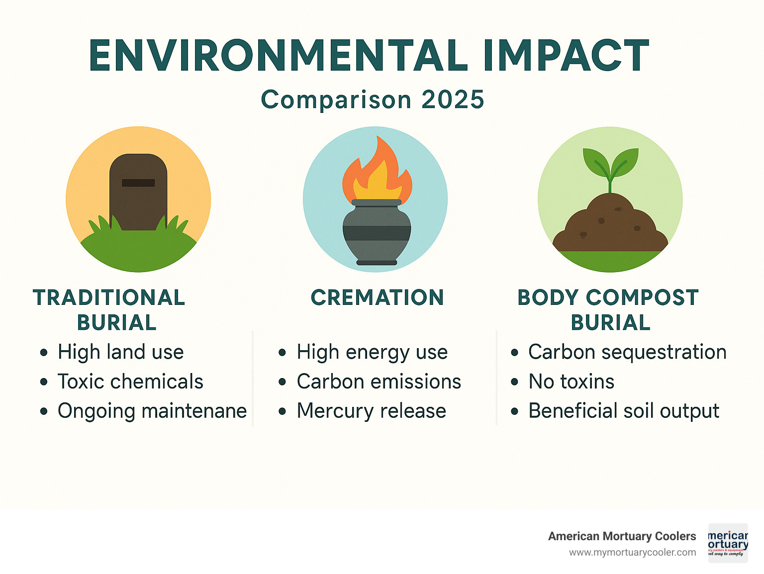 Comparison infographic showing environmental impact: Traditional burial - high land use, toxic chemicals, ongoing maintenance; Cremation - high energy use, carbon emissions, mercury release; Body compost burial - carbon sequestration, no toxins, beneficial soil output - body compost burial infographic 