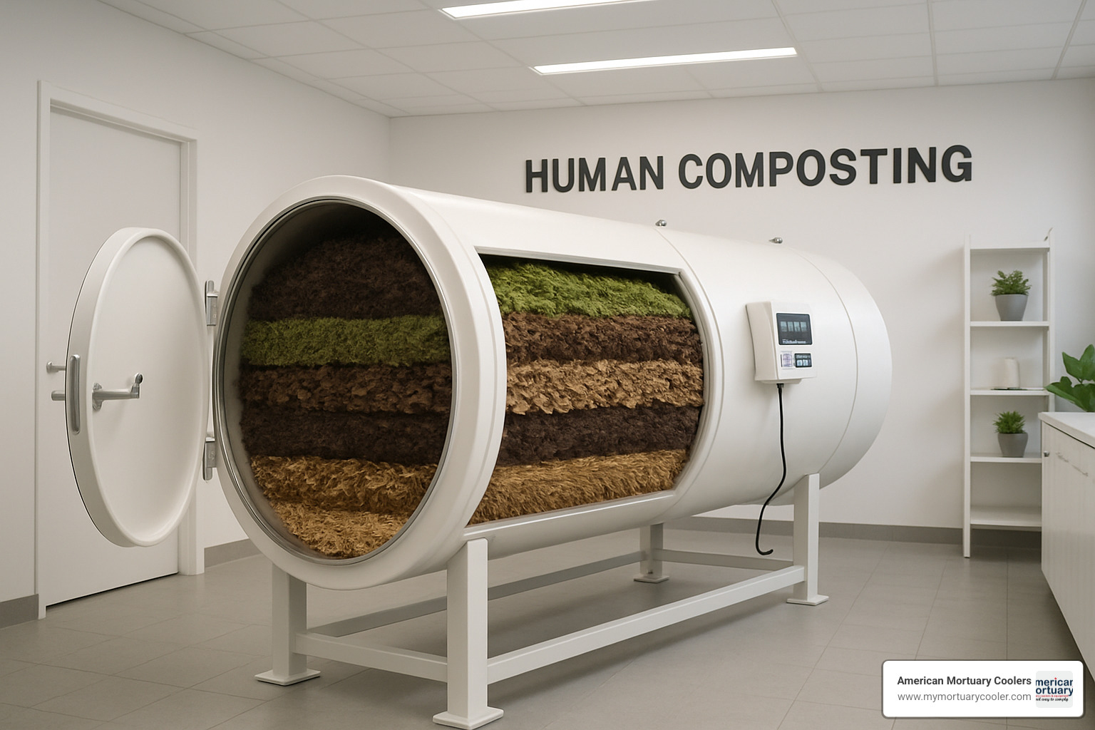 interior view of a human composting vessel showing organic materials and monitoring equipment - human composting Chicago