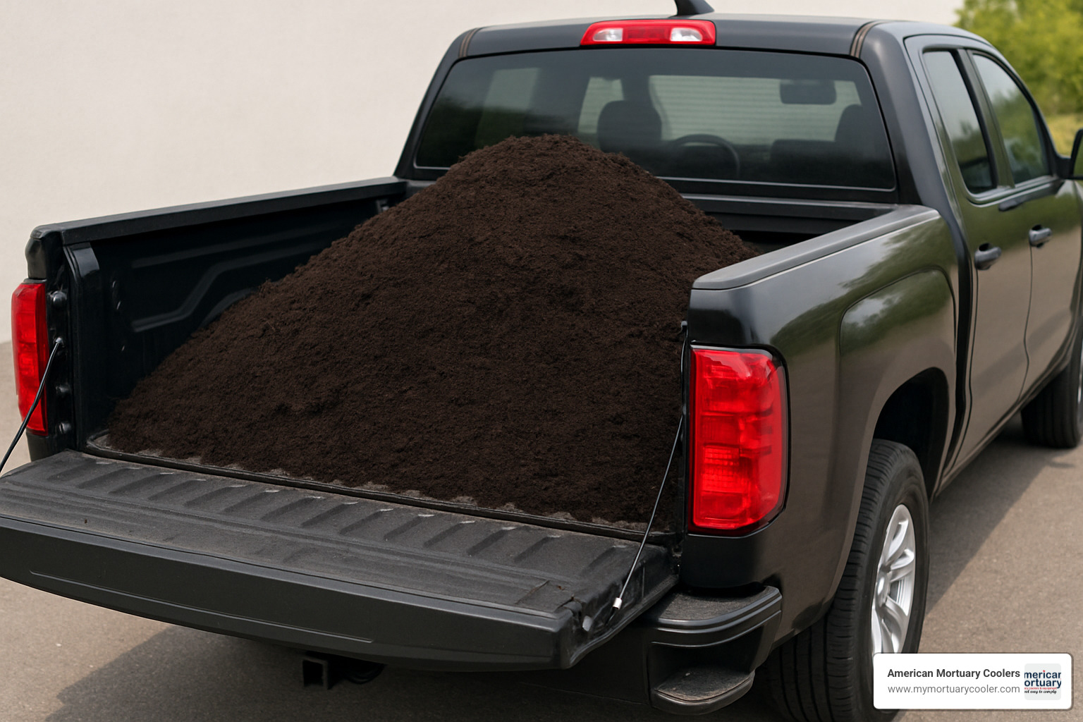 pickup truck bed filled with dark, rich soil representing one cubic yard of human compost - human composting Chicago