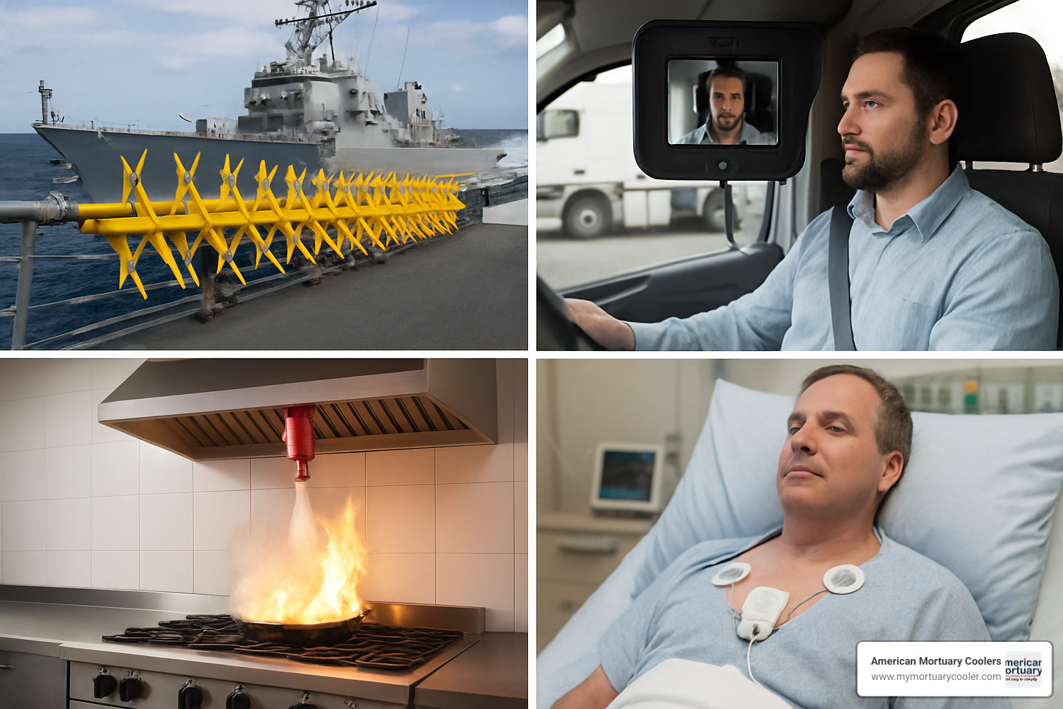 Various guardian-systems deployed across different sectors including maritime barriers, driver monitoring cameras, fire suppression units, and medical monitoring devices - guardian-system