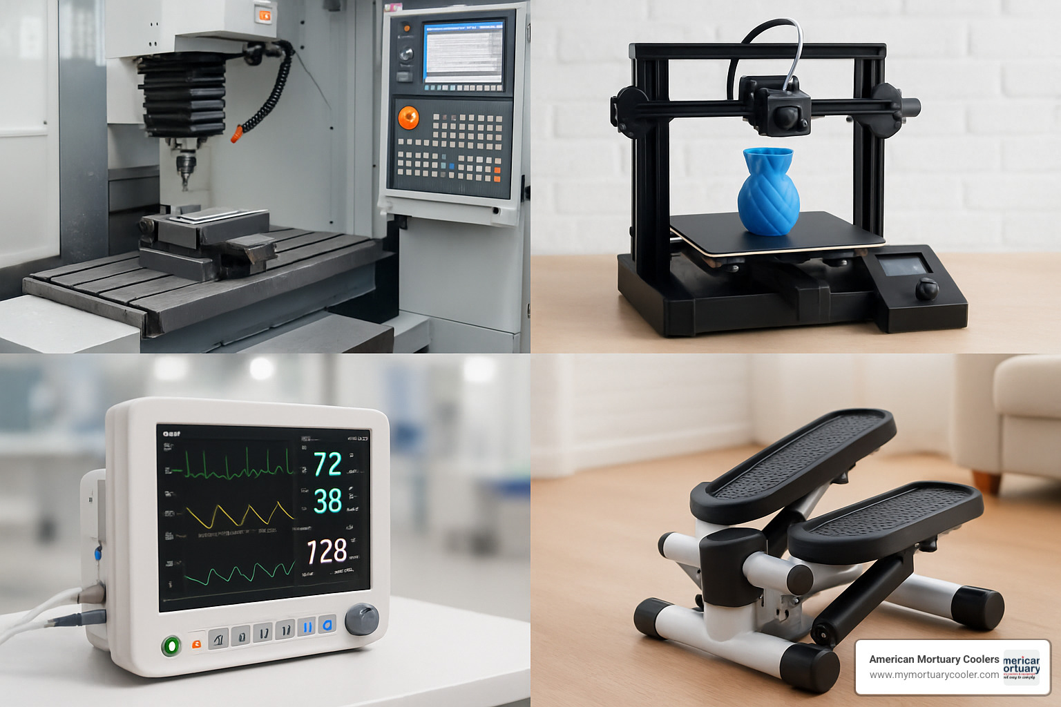 Industrial CNC machine, 3D printer, medical device, and home fitness stepper showing diverse applications - the stepper