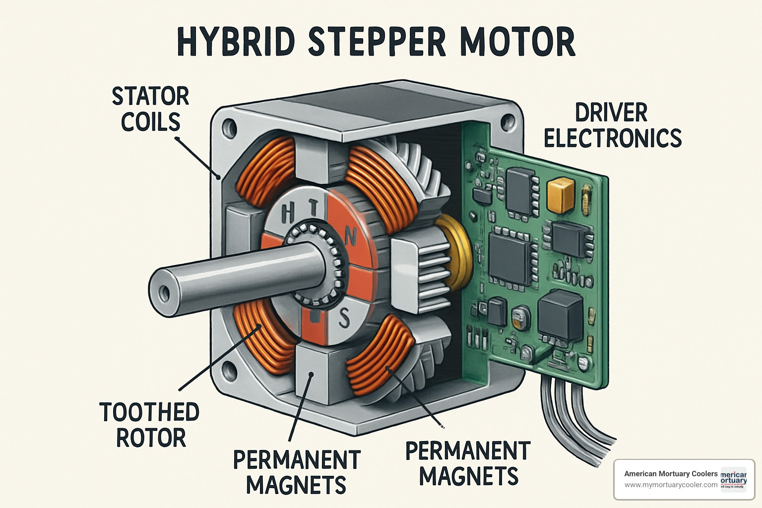 Detailed cutaway view of hybrid stepper motor showing stator coils, rotor magnets, and driver electronics - the stepper