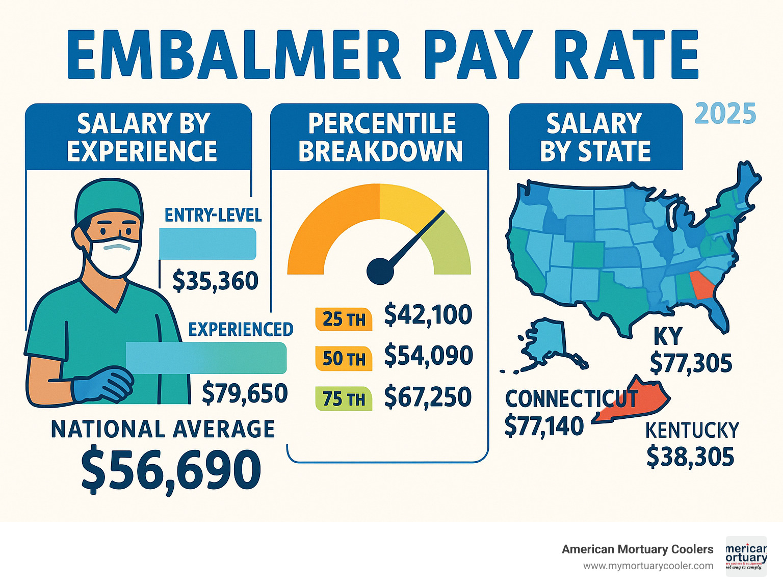 Detailed infographic showing embalmer salary ranges by experience level, geographic region, and percentile breakdown with national average of $56,690, entry-level starting at $35,360, experienced reaching $79,650, and state-by-state comparison highlighting Connecticut as highest-paying at $77,140 and Kentucky as lowest at $38,305 - embalmer pay rate infographic 