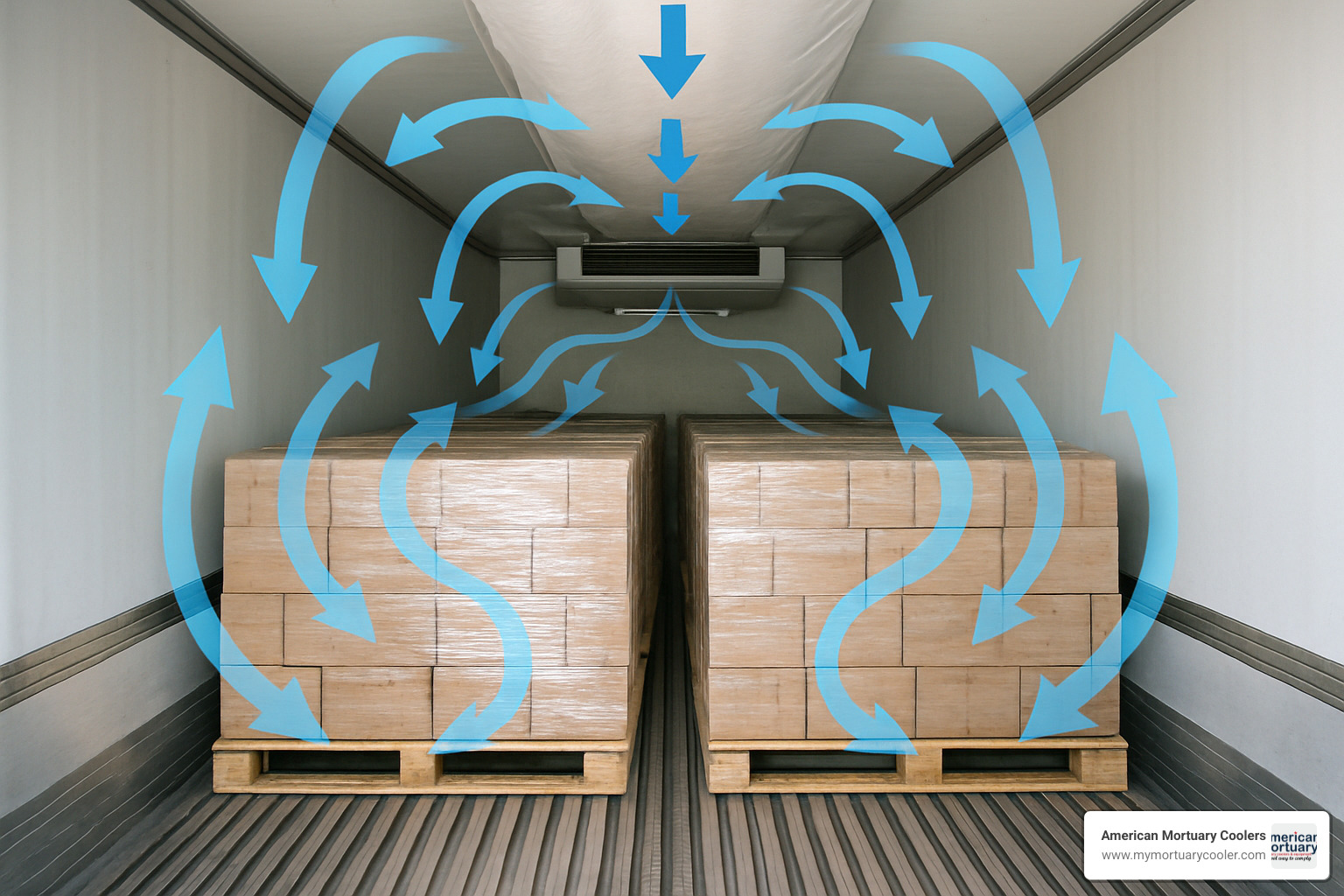 Interior view of reefer truck showing air chute system and airflow patterns - reefer trucks