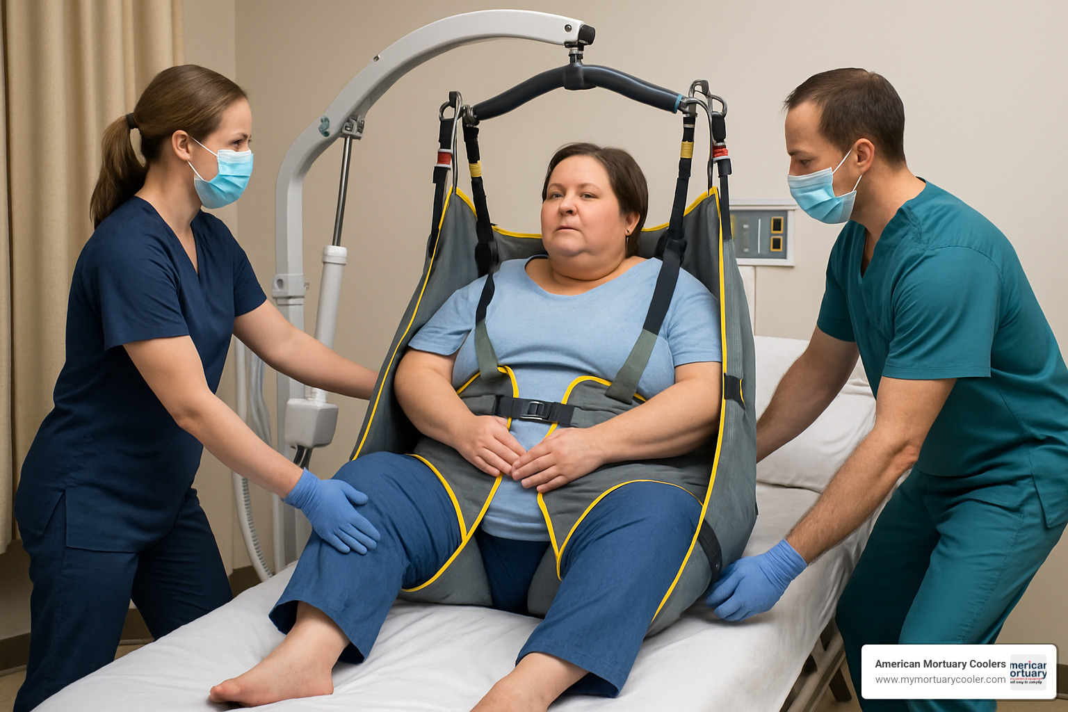 Bariatric patient lift sling demonstration showing proper positioning and support - patient lift sling