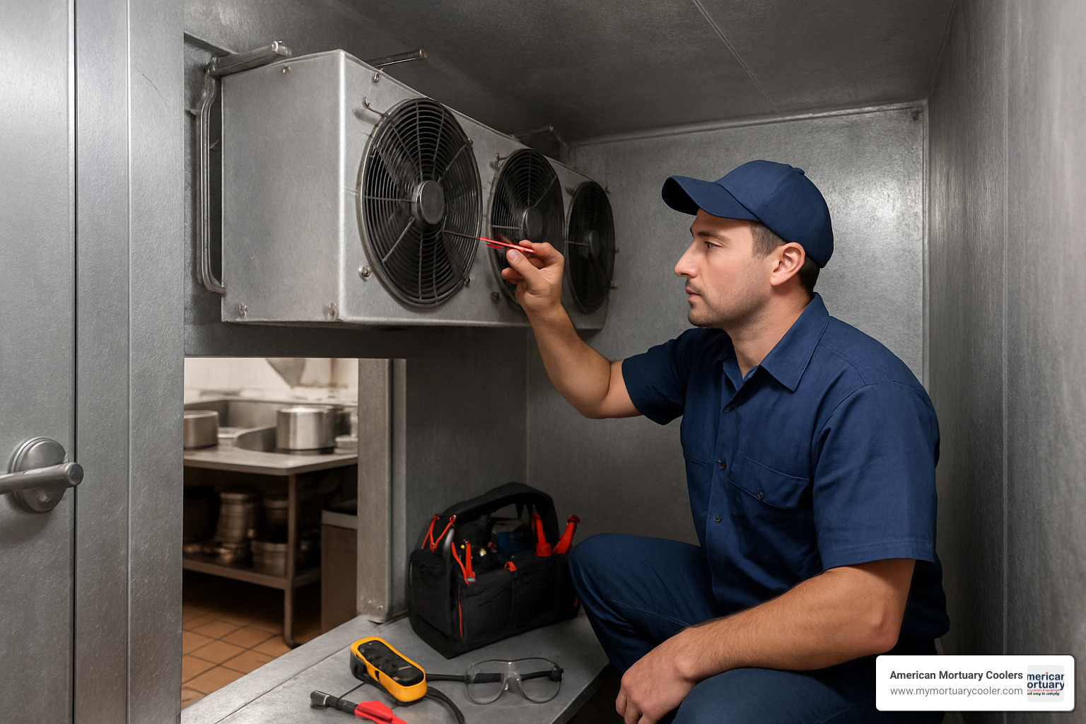 Technician performing maintenance on commercial cooler coils - cooler repair