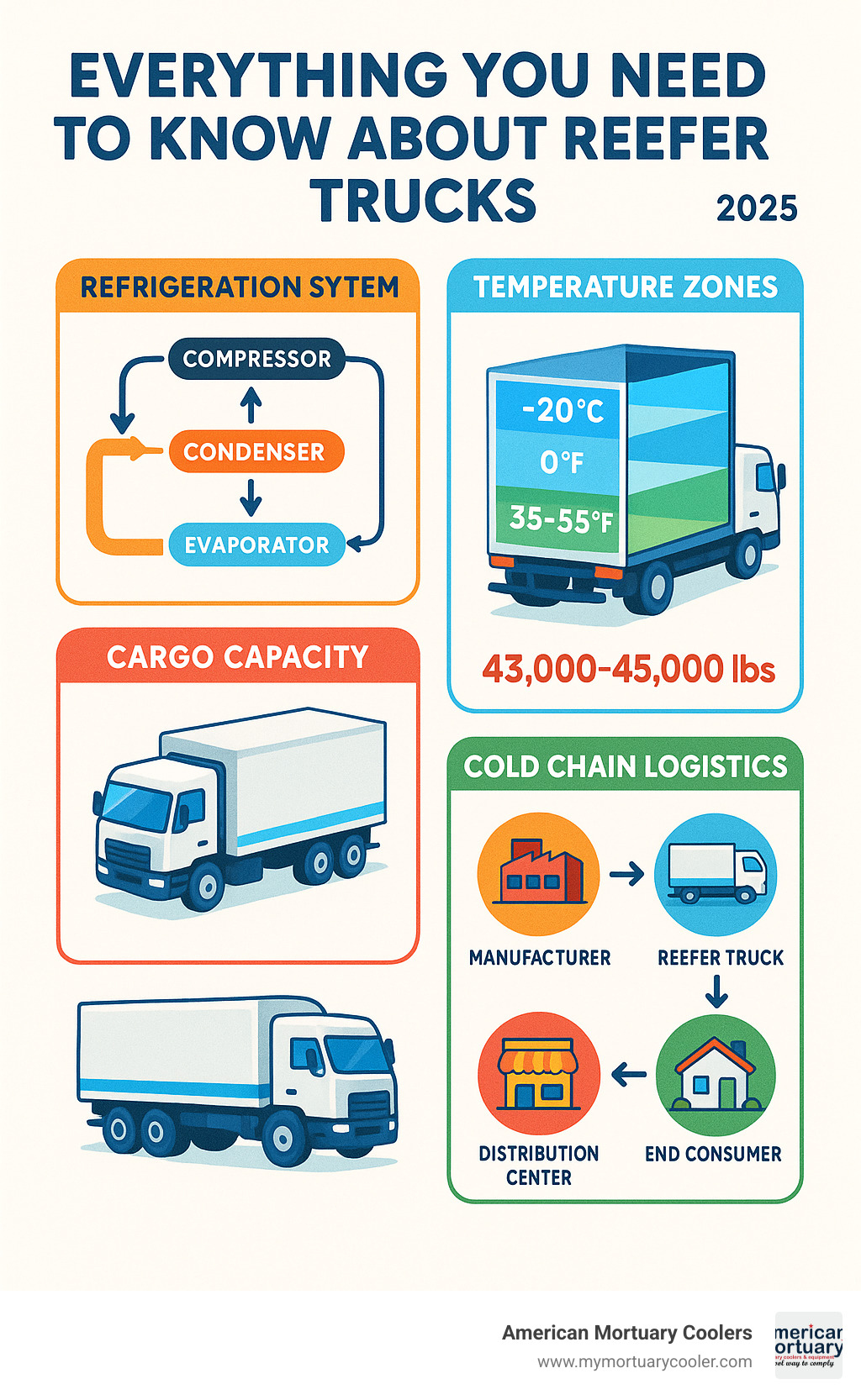 Comprehensive breakdown of reefer truck components including refrigeration system cycle, temperature zones, cargo capacity specifications, and cold chain logistics flow from manufacturer to end consumer - reefer trucks infographic 
