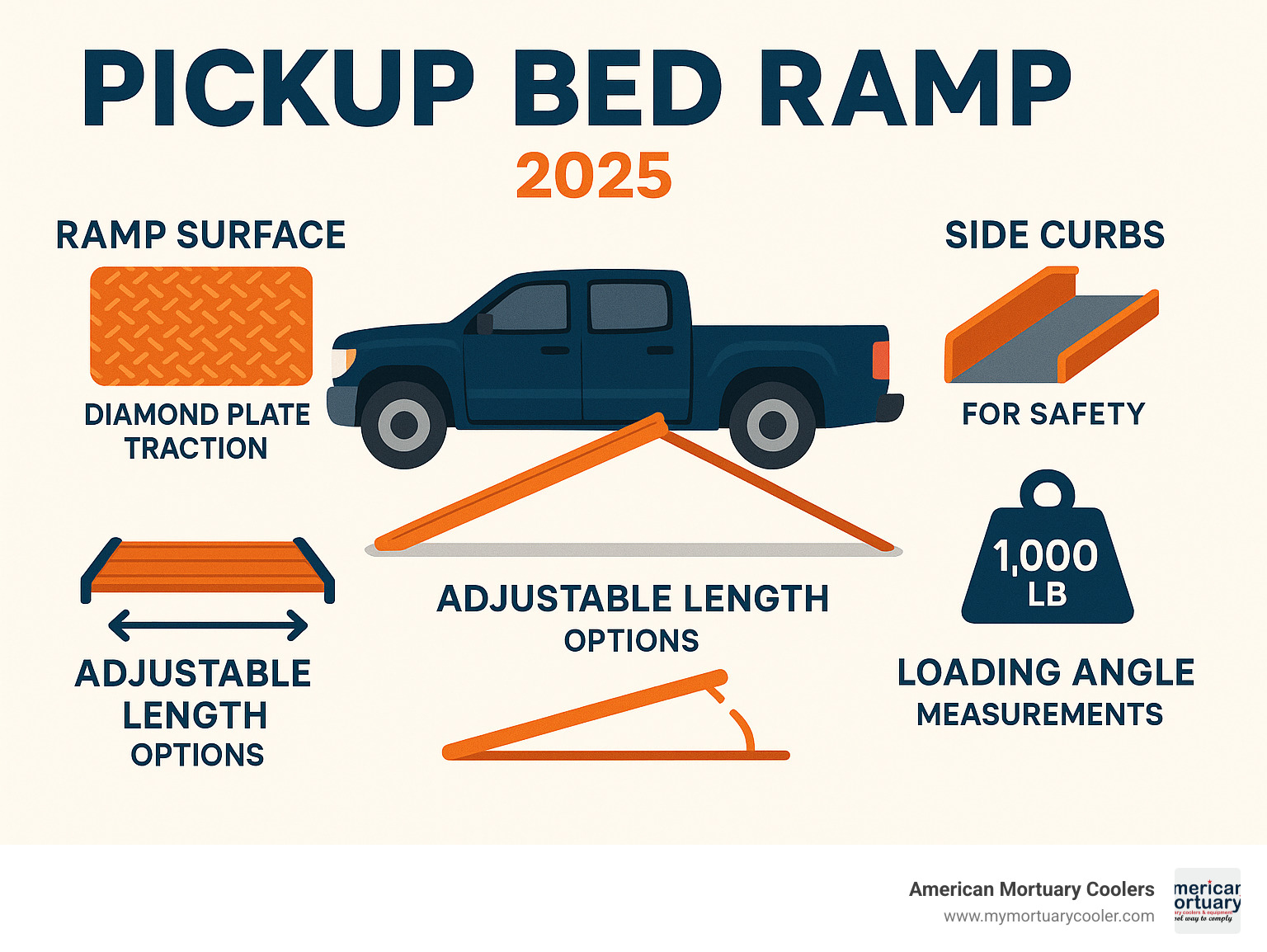 Detailed infographic showing pickup bed ramp components including ramp surface with diamond plate traction, side curbs for safety, adjustable length options, weight capacity ratings, and proper loading angle measurements - pickup bed ramp infographic 