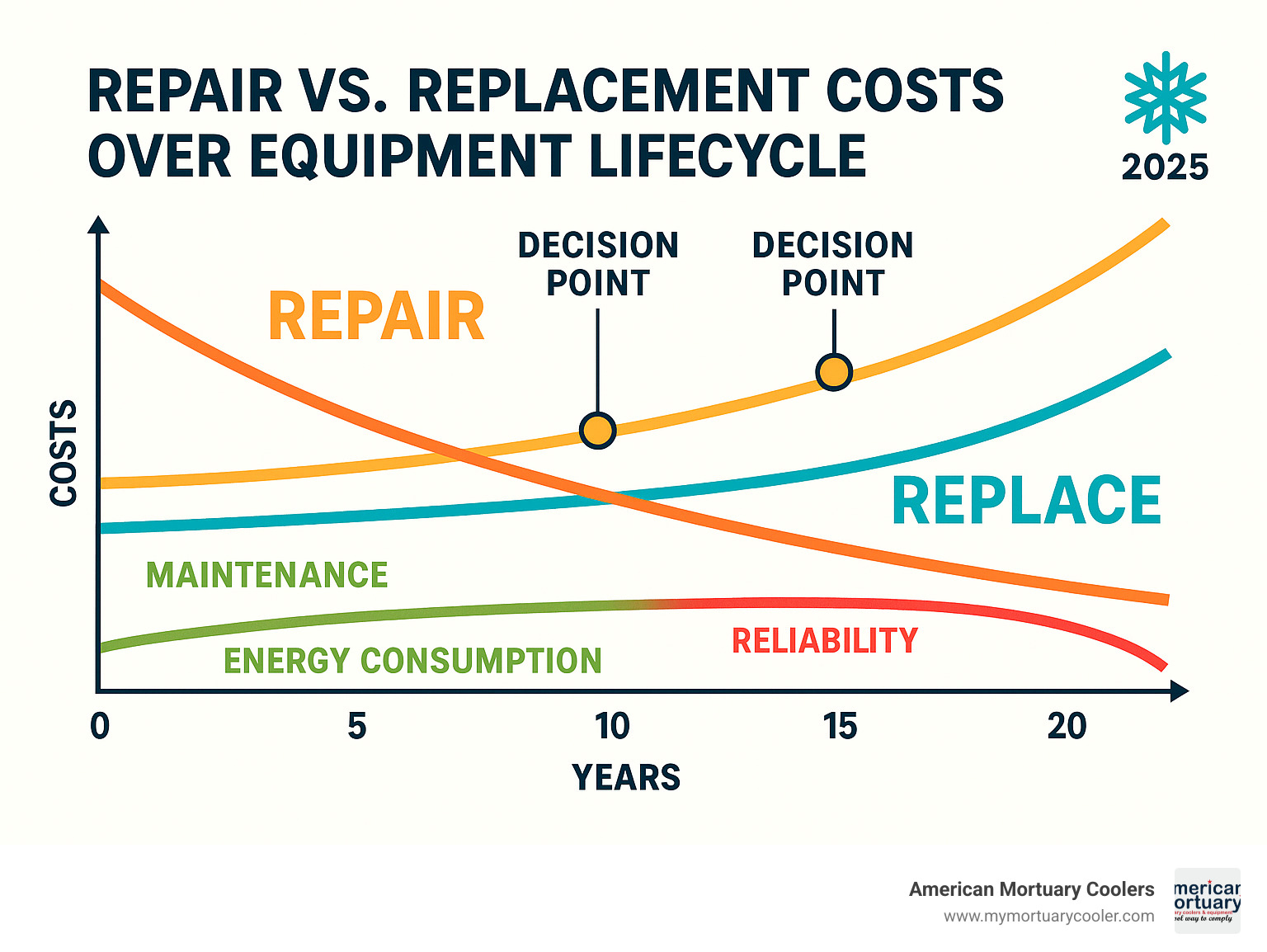 Infographic comparing repair vs replacement costs over equipment lifecycle with decision points at 5, 10, and 15 years showing cost curves for maintenance, energy consumption, and reliability - cooler repair infographic 