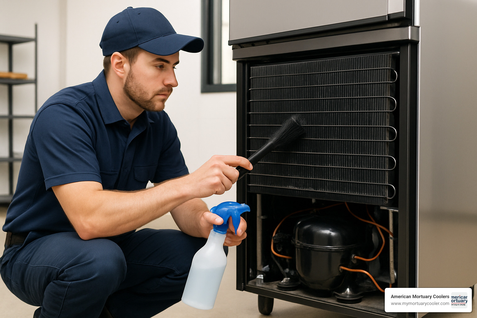 technician cleaning condenser coils - refrigaration