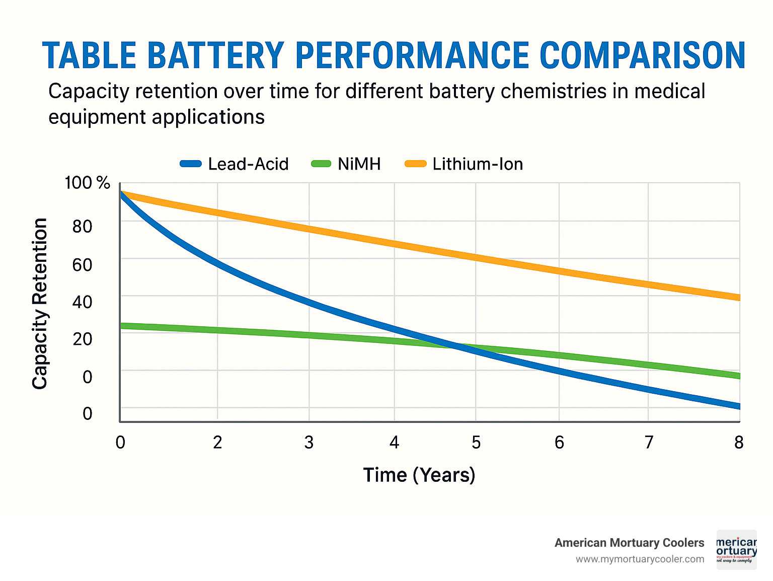 Table battery performance comparison showing capacity retention over time for different battery chemistries in medical equipment applications - table battery infographic 