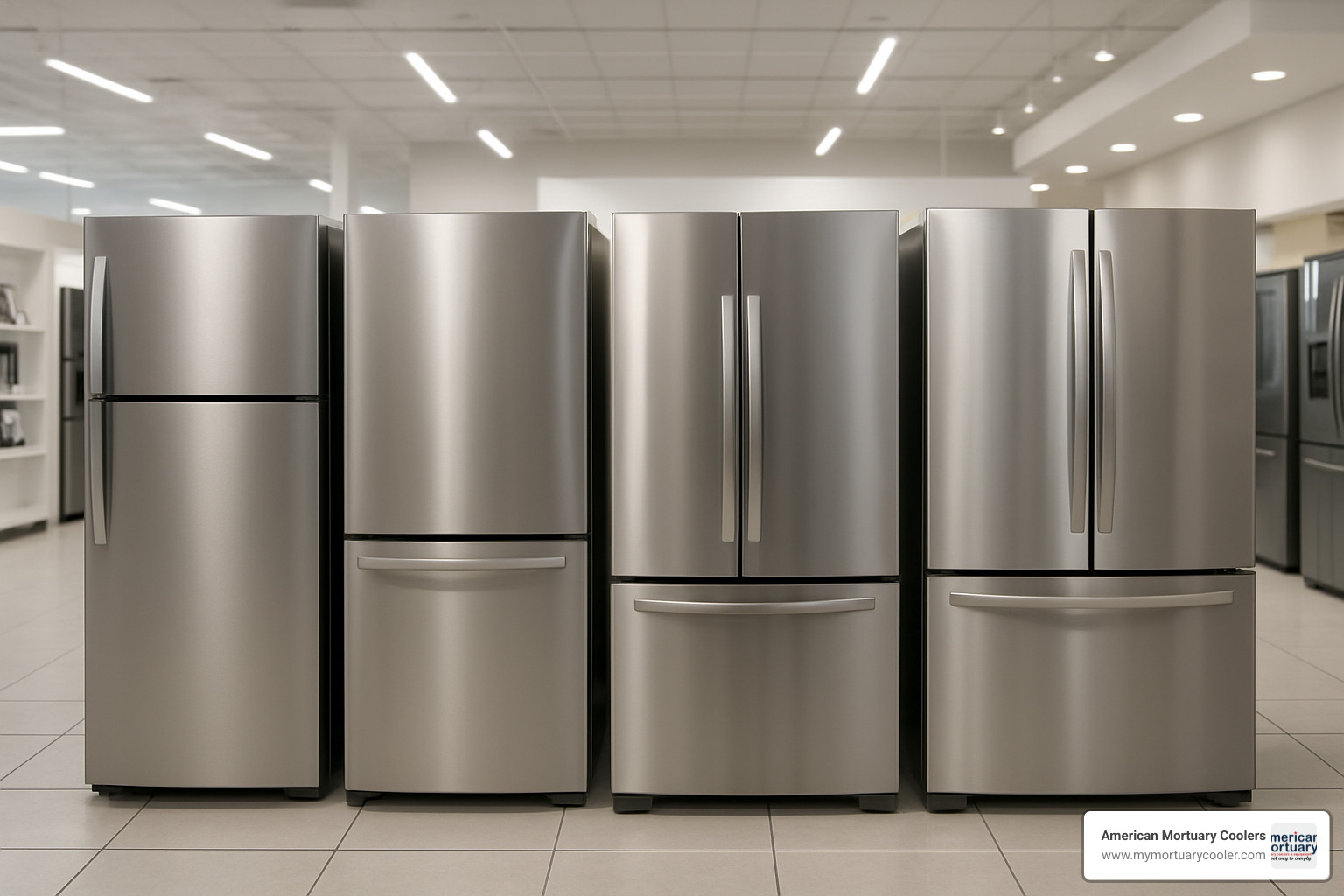 lineup of different refrigerator styles showing top-freezer, bottom-freezer, side-by-side, and French door configurations - how refrigerators work