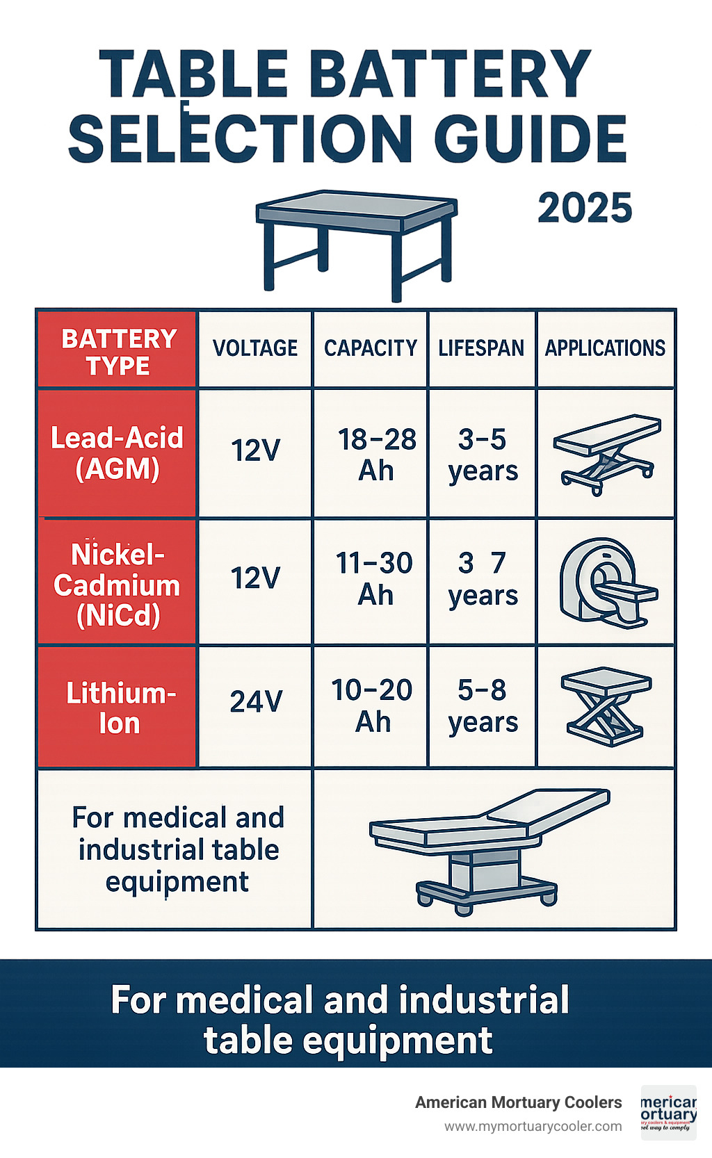 Comprehensive table battery selection guide showing battery types, voltage ratings, capacity specifications, lifespan expectations, and application compatibility for medical and industrial table equipment - table battery infographic 