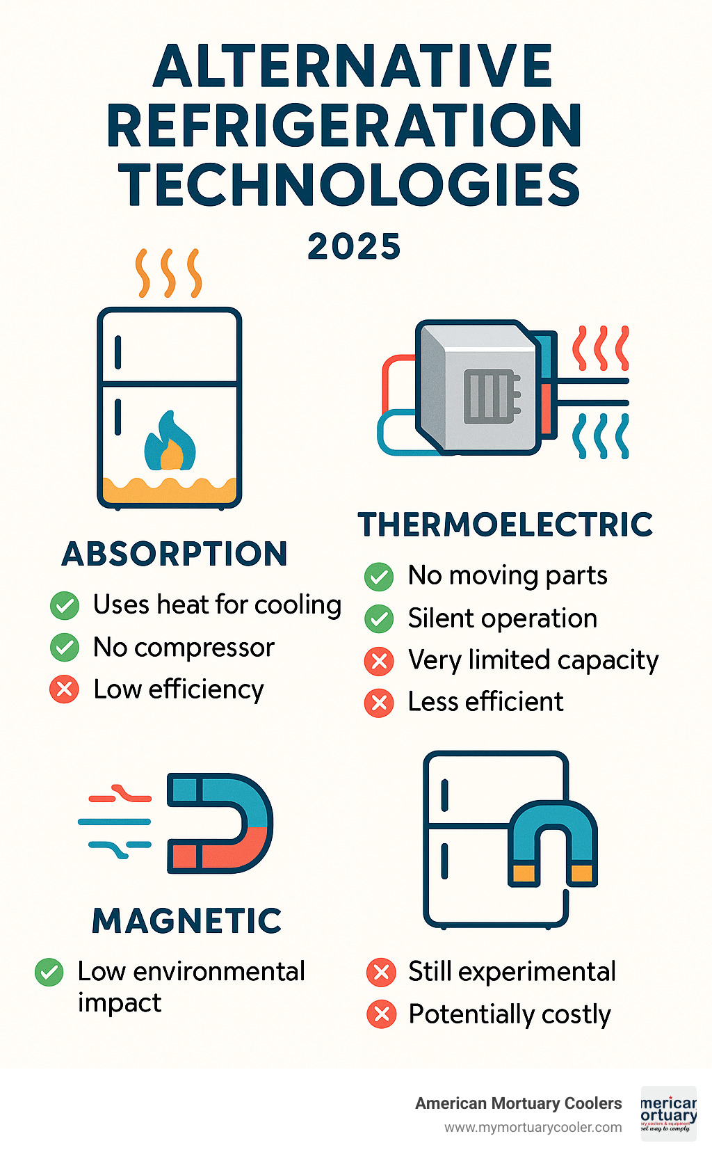 Infographic comparing alternative refrigeration technologies including absorption, thermoelectric, and magnetic cooling systems with their pros and cons - how refrigerators work infographic 