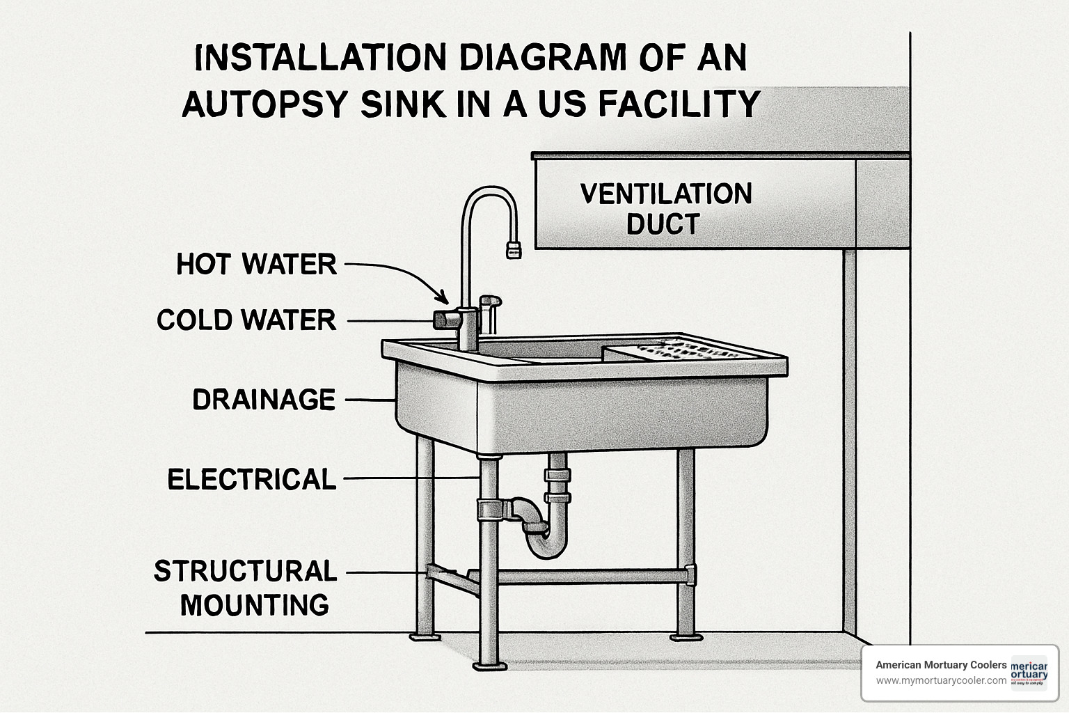 installation diagram showing utility connections, ventilation ducts, and structural requirements - autopsy sink
