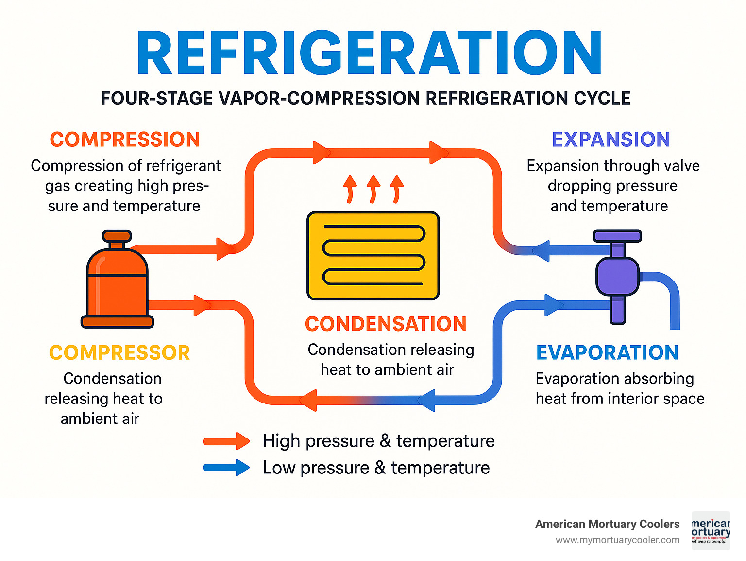 Detailed infographic showing the four-stage vapor-compression refrigeration cycle: compression of refrigerant gas creating high pressure and temperature, condensation releasing heat to ambient air, expansion through valve dropping pressure and temperature, and evaporation absorbing heat from interior space, with arrows showing refrigerant flow direction and temperature/pressure changes at each stage - refrigaration infographic 
