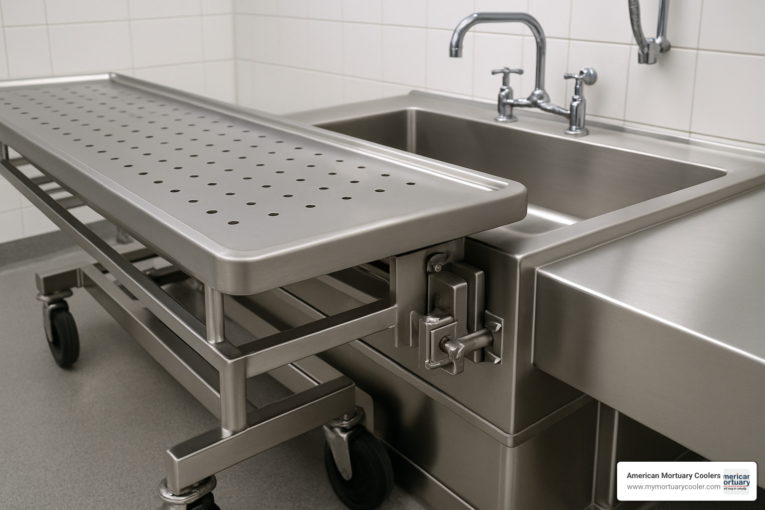 cart docking system showing locking mechanism and drainage alignment - autopsy sink