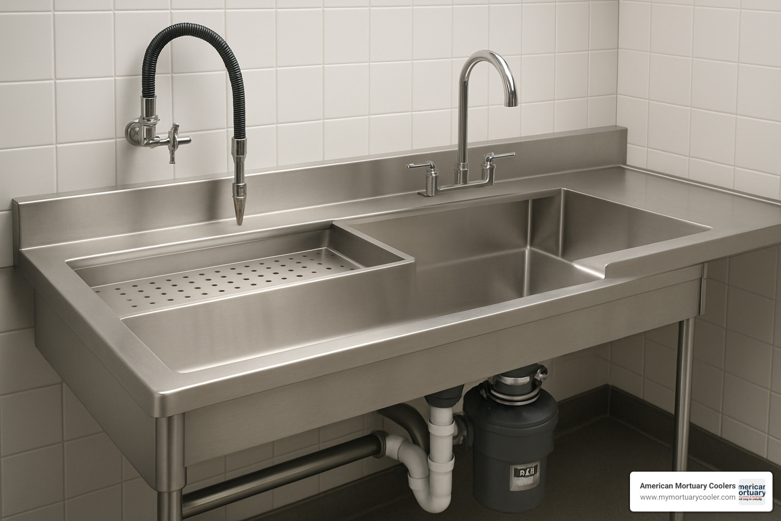 autopsy sink anatomy showing stainless steel construction, hydro aspirator, waste disposer, and specimen shelf - autopsy sink
