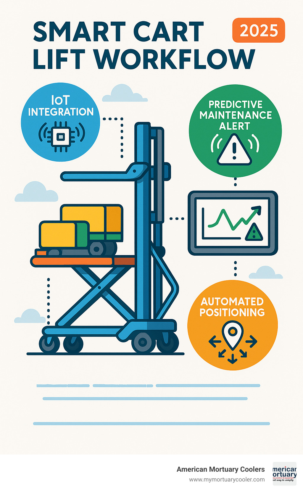 Smart cart lift workflow showing IoT integration, predictive maintenance alerts, and automated positioning systems - cart lift infographic 