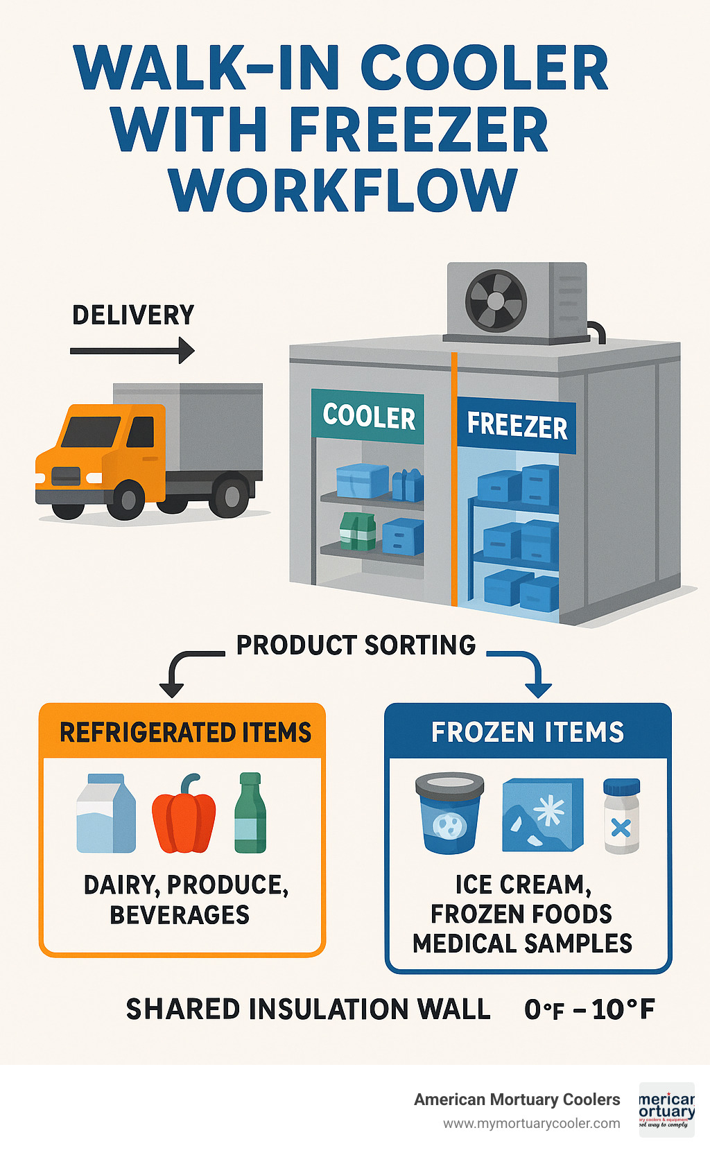 Infographic showing walk-in cooler with freezer workflow: delivery truck arriving at facility, products being sorted into refrigerated items (dairy, produce, beverages) going to cooler side at 35-38°F, and frozen items (ice cream, frozen foods, medical samples) going to freezer side at 0°F to -10°F, with shared insulation wall between compartments and single condensing unit on top - walk in cooler with freezer infographic 
