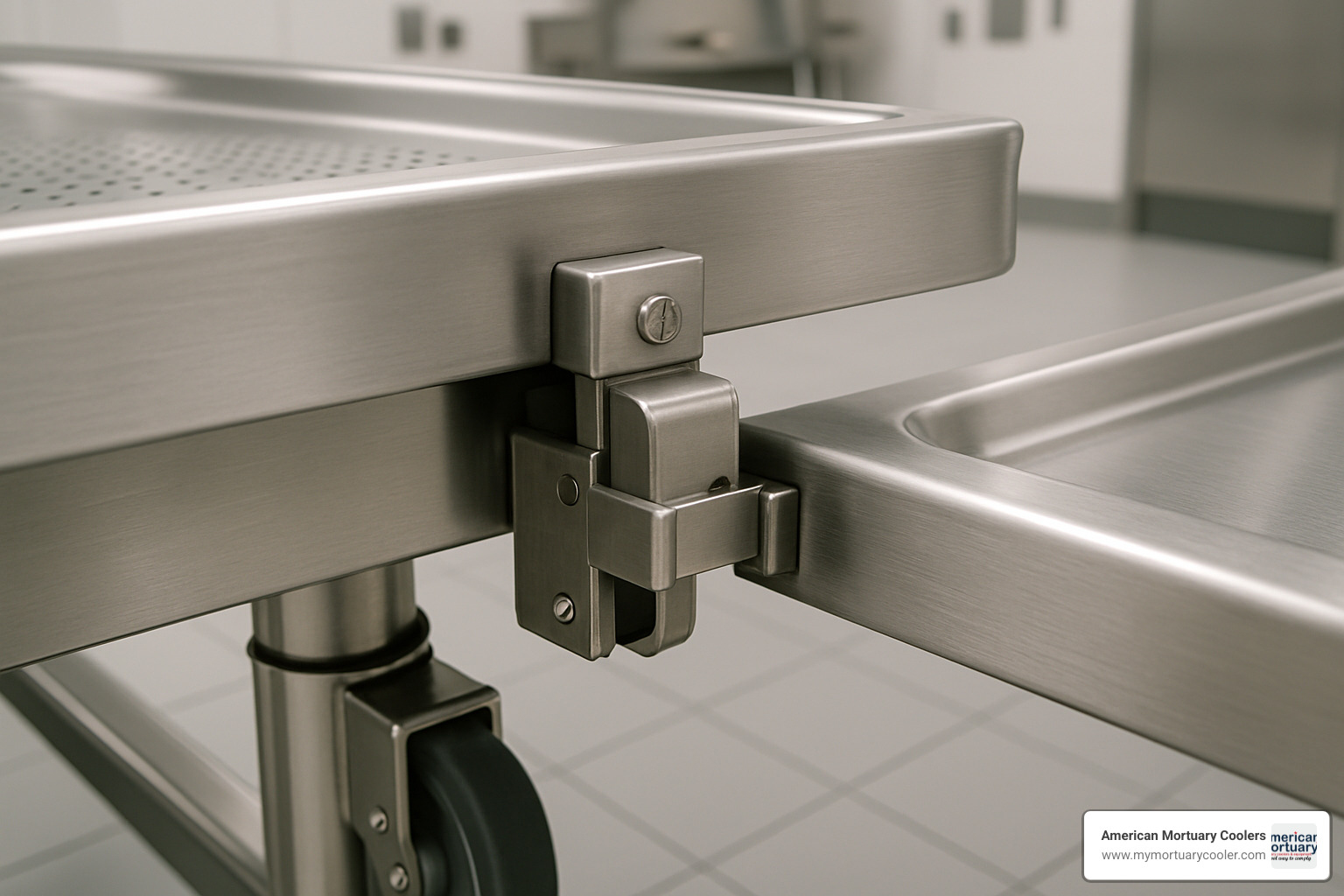 Cart docking system showing mechanical latch engagement - autopsy sink-