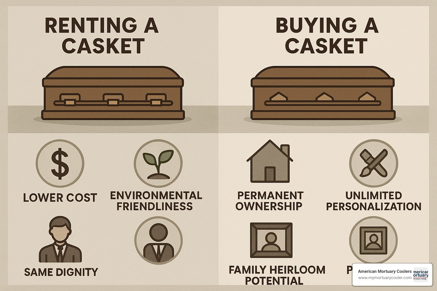 Side-by-side comparison graphic showing rental casket benefits (lower cost, environmental friendliness, same dignity) versus purchase benefits (permanent ownership, unlimited personalization, family heirloom potential) - rent a casket cost