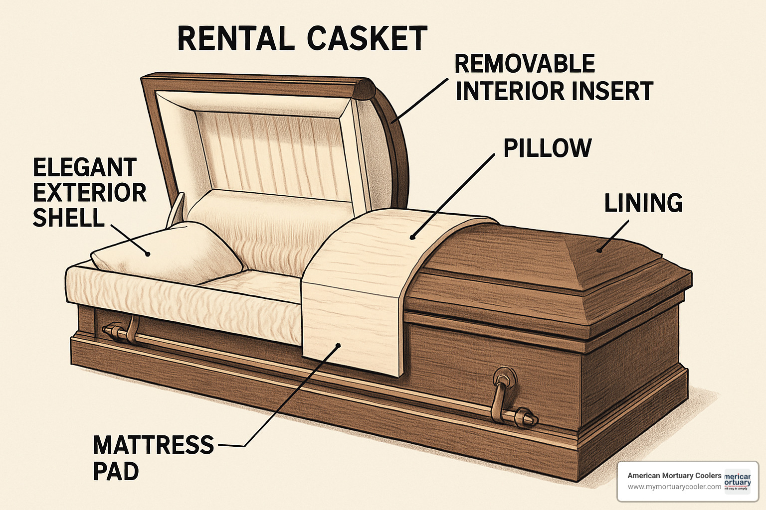 Detailed cutaway diagram showing rental casket construction with removable insert, exterior shell, and fabric liner components - rent a casket cost