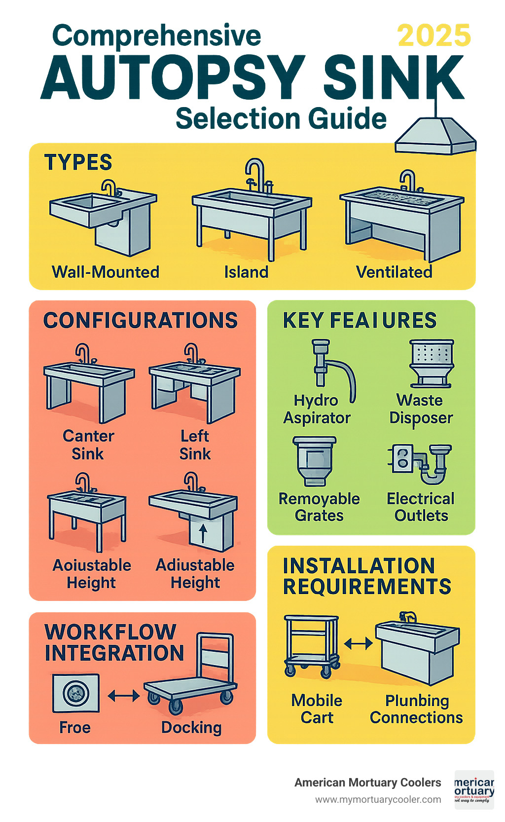 Comprehensive autopsy sink selection guide showing types, configurations, key features, installation requirements, and workflow integration options for forensic pathology facilities - autopsy sink infographic 