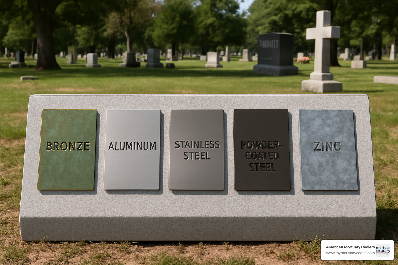 display showing different metal finishes and patina development - metal headstones for graves
