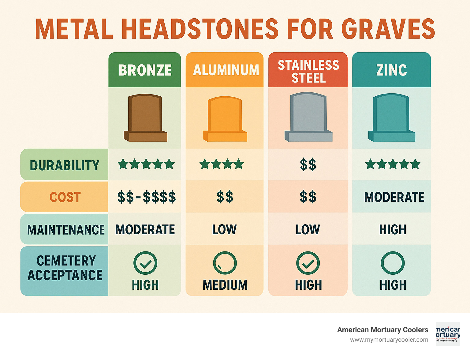 Comprehensive comparison chart showing metal headstone types, durability ratings, cost ranges, maintenance requirements, and cemetery acceptance rates across bronze, aluminum, stainless steel, and zinc options - metal headstones for graves infographic 