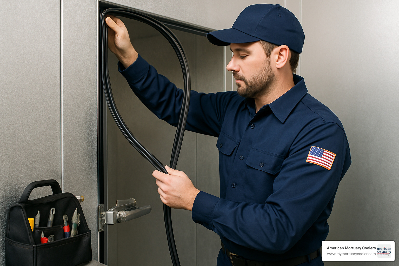 technician replacing door gasket on commercial cooler - cooler bug