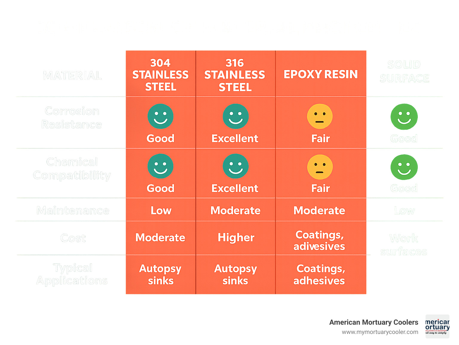 Comparison table showing material properties: 304 Stainless Steel vs 316 Stainless Steel vs Epoxy Resin vs Solid Surface materials, including corrosion resistance ratings, chemical compatibility, maintenance requirements, cost factors, and typical applications - autopsy sink- infographic 