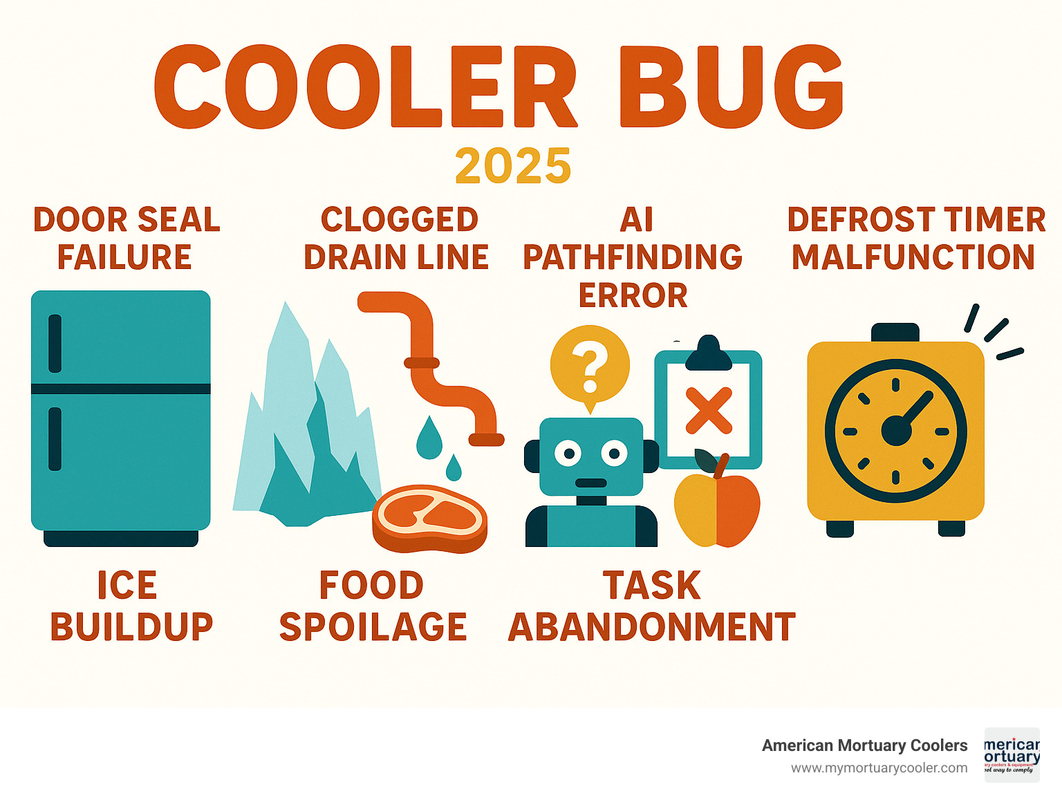 Infographic showing common cooler bug causes including door seal failure, clogged drain lines, AI pathfinding errors, and defrost timer malfunctions with corresponding symptoms like ice buildup, food spoilage, and task abandonment - cooler bug infographic 