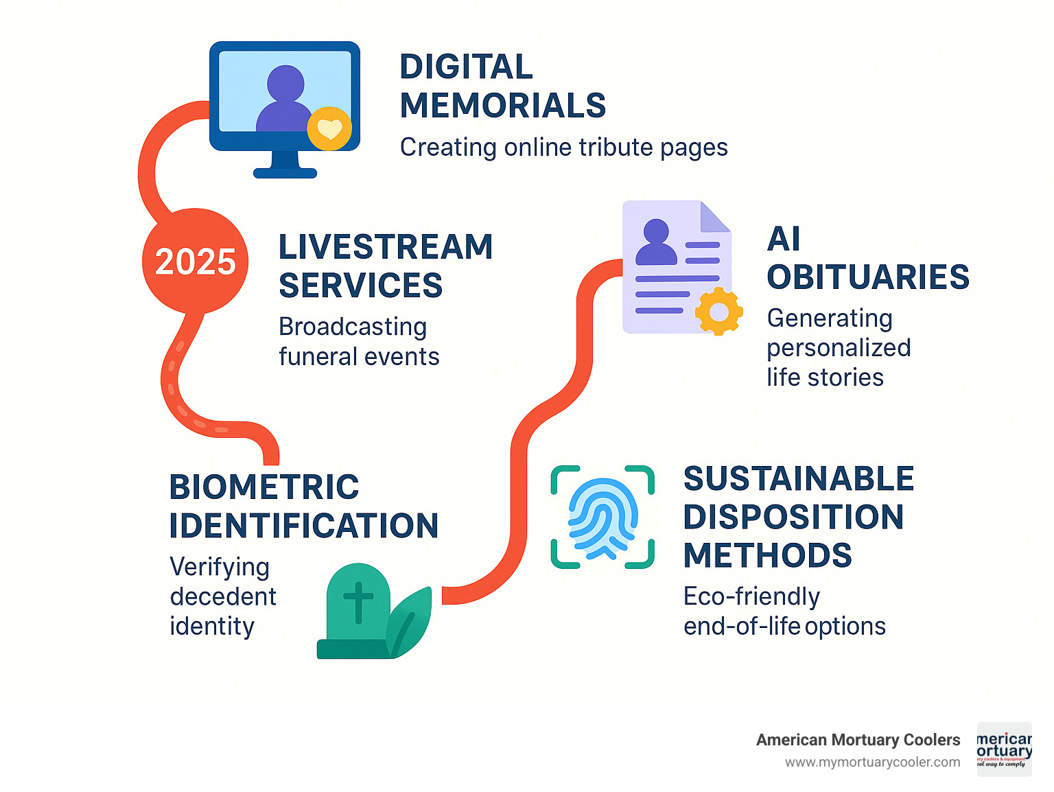 Future funeral technology roadmap showing digital memorials, livestream services, AI obituaries, biometric identification, and sustainable disposition methods - american funeral infographic 