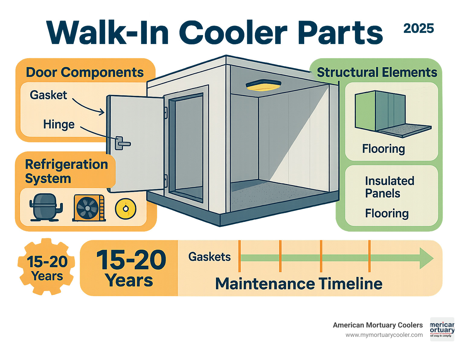 Comprehensive infographic showing walk-in cooler parts breakdown including door components like gaskets and hinges, refrigeration system parts like compressor and evaporator, structural elements like insulated panels and flooring, plus maintenance timeline showing 15-20 year lifespan with regular part replacement intervals - walk-in cooler parts infographic 