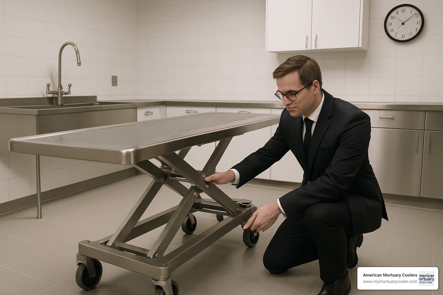 director inspecting table height - cost embalming tables for funeral processions