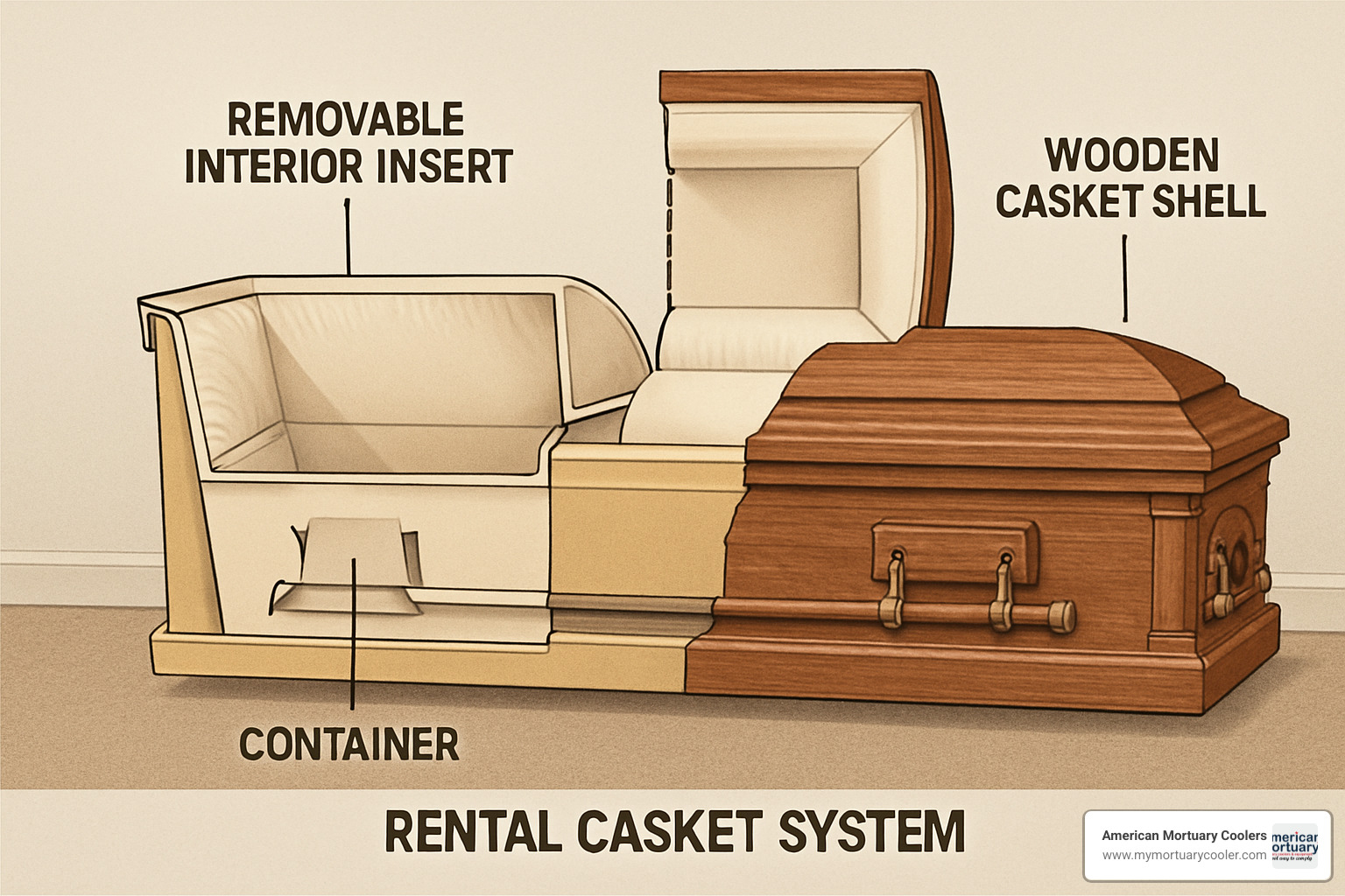 Detailed cross-section view of removable insert system showing how the interior container fits within the rental shell - rental casket