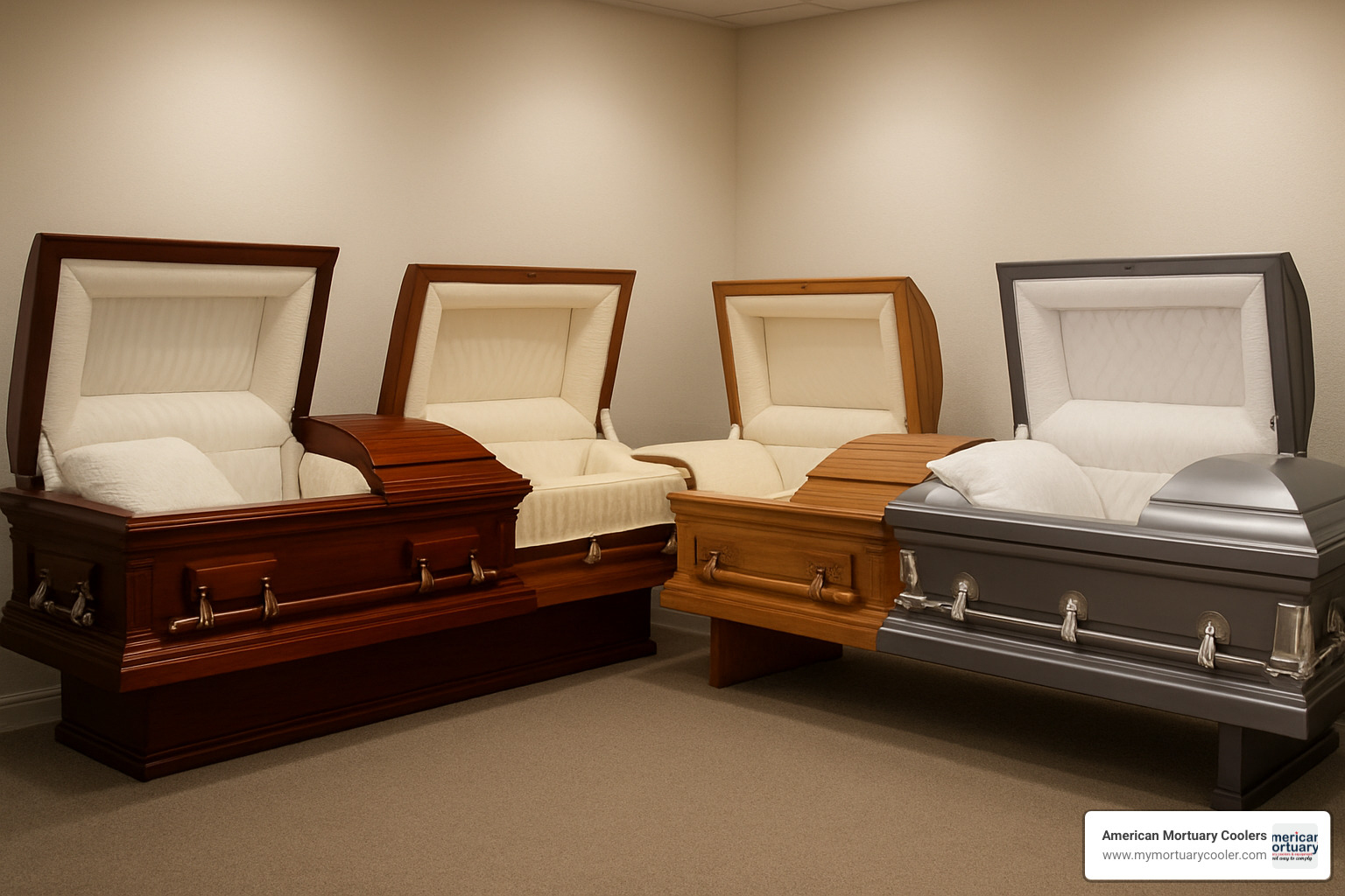 Gallery showing various rental casket styles including mahogany, cherry, oak, and steel options with different interior linings - rental casket