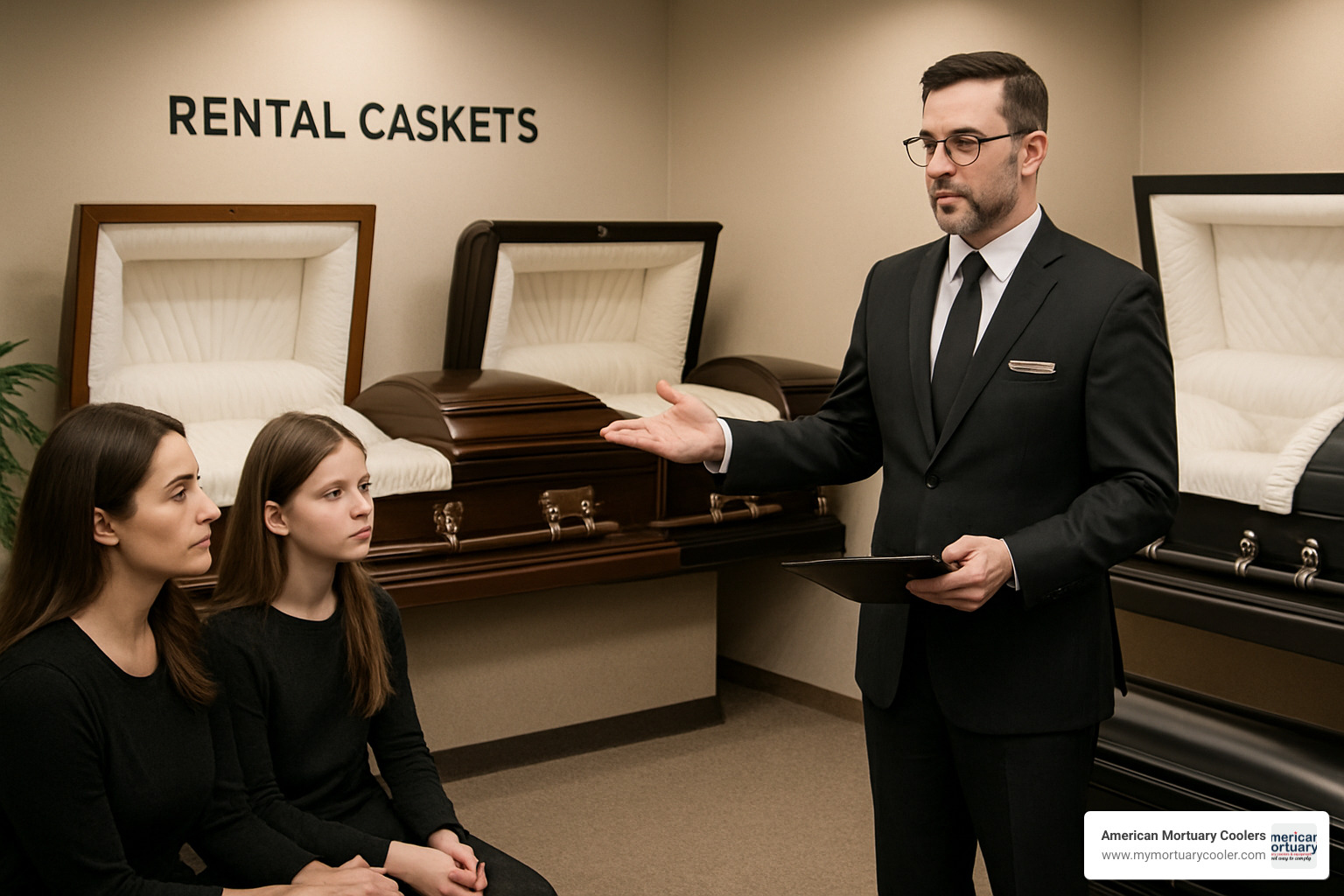 Funeral director presenting rental casket options to family, showing different styles and explaining the rental process - rental casket