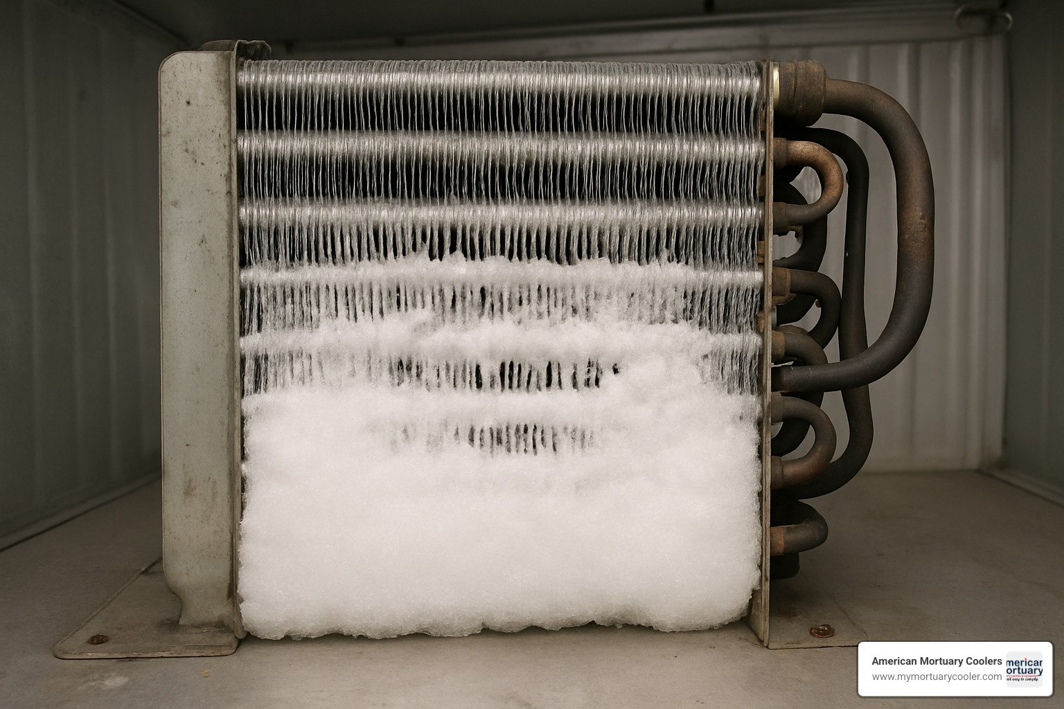Frosted evaporator coil showing ice buildup that restricts airflow and reduces cooling efficiency - refrigeration companies near me