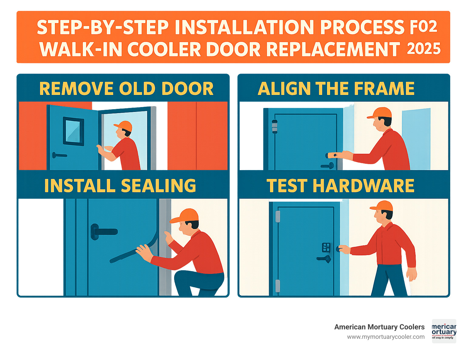 Step-by-step installation process for walk-in cooler door replacement, showing removal of old door, frame alignment, sealing installation, and hardware testing procedures - replacement walk in cooler doors infographic 
