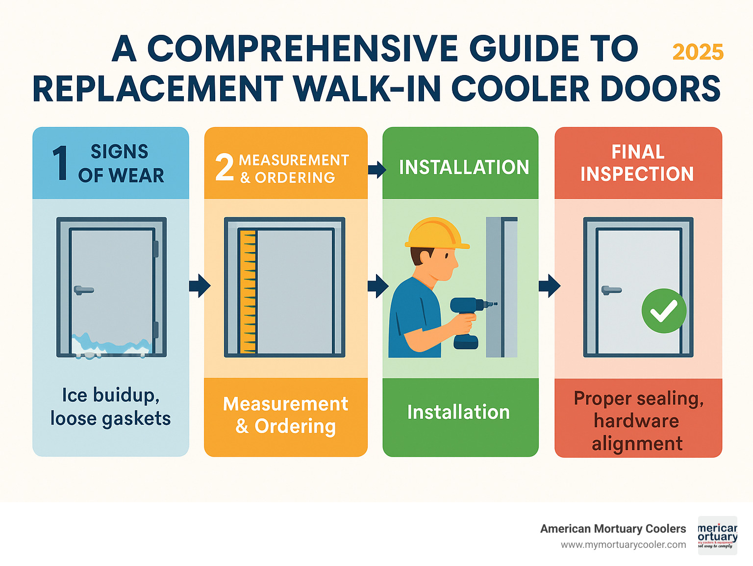 Comprehensive guide showing the lifecycle of walk-in cooler door replacement, from initial signs of wear like ice buildup and loose gaskets, through measurement and ordering process, to final installation with proper sealing and hardware alignment - replacement walk in cooler doors infographic 