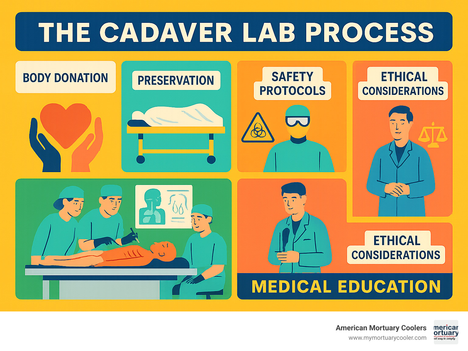 Comprehensive infographic showing the cadaver lab process from body donation through medical education, including preservation methods, safety protocols, learning stages, and ethical considerations - cadaver-lab infographic 