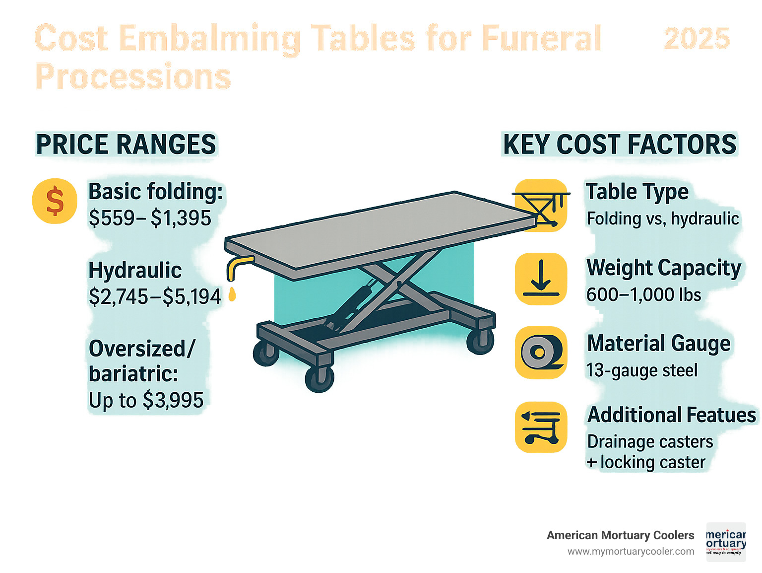 Comprehensive breakdown of embalming table pricing ranges from basic folding models at $659 to premium hydraulic systems at $8,800, showing cost drivers including table type, weight capacity, material gauge, and additional features like drainage systems and locking casters - cost embalming tables for funeral processions infographic 